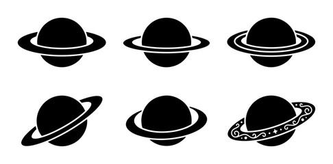 70 Six Saturn-like Planet Icons, Ringed Celestial Body Vector Graphics, Cosmic Space Symbols, Astronomical Illustrations, Simple Black and White Icons for Science and Education 100 © Julfiqer