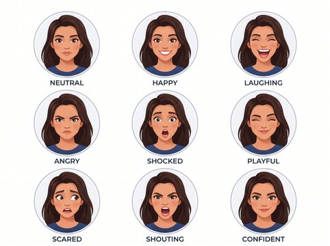 Woman facial expressions chart depicting neutral happy laughing angry confused playful scared shouting and confident emotions