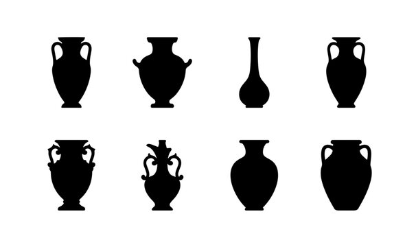 70 Ancient Amphora Vase Silhouettes, Greek Roman Pottery Collection, Decorative Ceramic Vessel Icons, Historical Artifact Vector Set 100