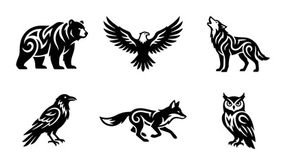 Obraz premium 70 Tribal Animal Vector Icons Set: Bear, Wolf, Eagle, Raven, Fox, Owl Graphics for Wildlife Branding and Nature Designs 100