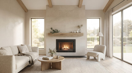 Fototapeta premium Modern living room with fireplace, natural light, and garden view