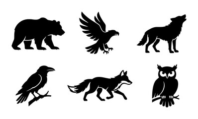 Obraz premium 70 Wild Animal Silhouettes Collection: Bear, Eagle, Wolf, Raven, Fox, Owl Icons for Nature and Wildlife Graphics 100