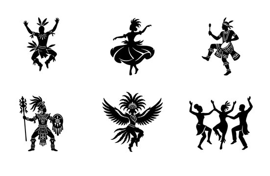 70 African Tribal Dancers Silhouette Set, Festive Celebration Figures, Indigenous Cultural Performance Icons, Black and White Vector Graphics 100