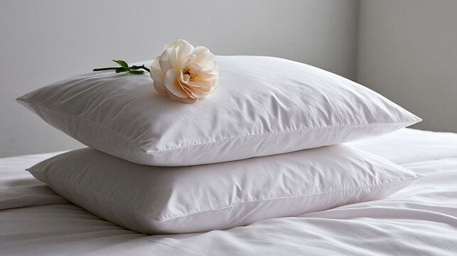 A studio photograph of two stacked white pillows on a bed with white sheets, adorned with a delicate single beige rose flower on top.