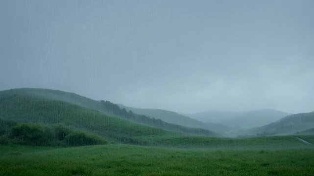 The images depict a vast, rolling landscape during a rainy day, with a series of hills and lush greenery dominating the scene