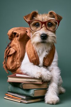 Smart parson russell dog wearing glasses and backpack learning, vertical