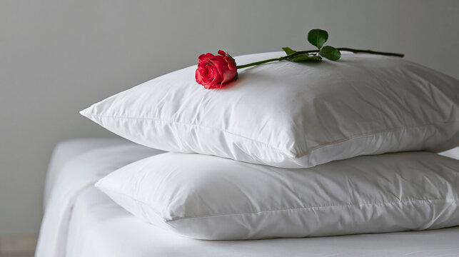 A studio photograph of two stacked white pillows on a bed with white sheets, adorned with a delicate single red rose flower on top.