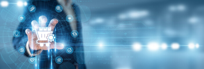 Obraz premium Supply Chain Director hand holding Procurement Management and data networking, corporate vendor sourcing strategy, enterprise purchasing workflow, contract negotiation planning, asset logistics.
