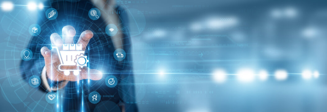 Supply Chain Director hand holding Procurement Management and data networking, corporate vendor sourcing strategy, enterprise purchasing workflow, contract negotiation planning, asset logistics.
