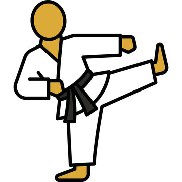 Minimalist vector illustration of a martial artist doing a high sidekick. Features flat white, yellow, black colors on a dark background with clean lines.