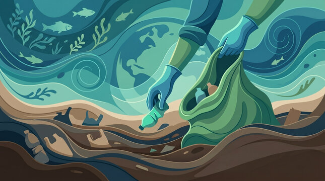 Cleaning up pollution from the ocean with gloved hands collecting plastic bottles into a bag. The artwork illustrates a vital effort to protect marine life and the planet