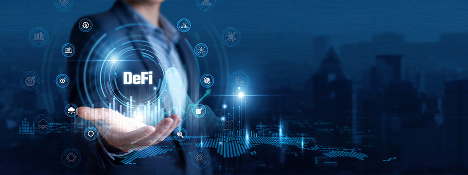 DeFi Developer Hand Hold Decentralized Finance and Web3 Financial global networking data. Smart Contracts, Yield Farming, Tokenomics, Crypto Liquidity