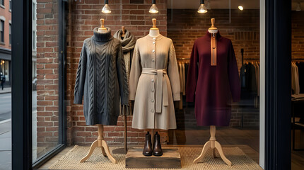 Naklejka premium Winter knitwear dresses on mannequins in a storefront window display of a clothing boutique with mannequin clothing storefront boutique knitwear