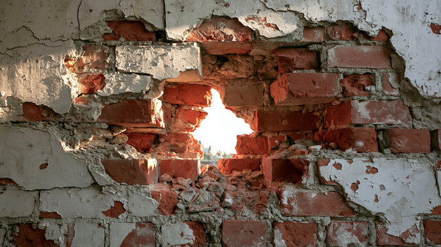 Broken Brick Wall with Light: A close-up view of a crumbling brick wall revealing a hole with bright light shining through, suggesting hope or an opening to the outside world.