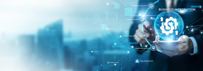 Fototapeta premium Businessman Using Phone for Business Integration and Global Data Analysis. Enterprise System Merging, Unified Digital Workflow, Seamless Corporate Operations, Cross Platform Synergy, Tech Solutions