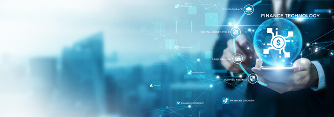 Fototapeta premium Businessman Using Phone for Finance Technology and Global Data Analysis. Fintech Innovation Solutions, Digital Banking Platform, Smart Commercial Investment, Automated Money Management