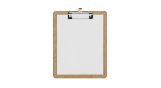 Wooden clipboard with a blank white paper sheet isolated on transparent background