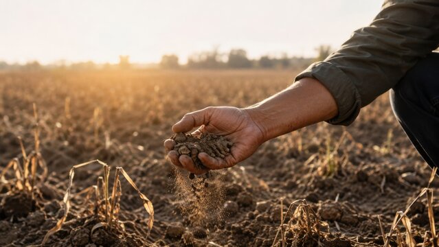 Farmer checking soil quality in agricultural field at sunset.