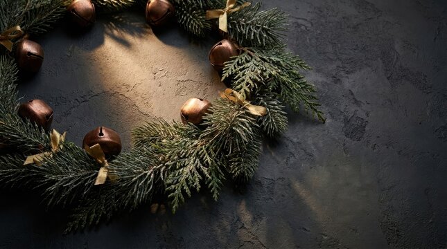 Decorative pine wreath with golden baubles and natural foliage for festive holiday celebrations