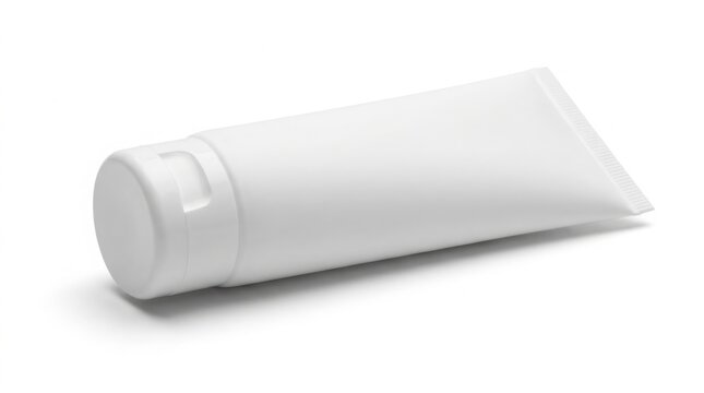 Minimalist white cosmetic tube mockup, blank plastic cream container, professional skincare packaging on white background
