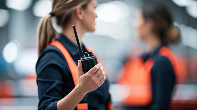 Female industrial engineer holding radio, warehouse worker communication, woman holding two way radio
