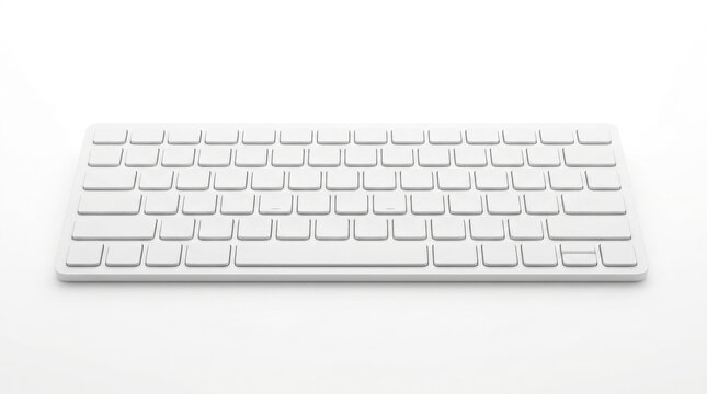Minimalist white computer keyboard, blank wireless keypad on white background, modern office hardware for data entry and digital work