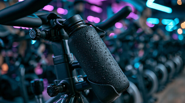 Indoor Cycling Session: A close-up shot of a water bottle attached to an indoor cycling bike, with the blurred background filled with rows of bikes and vibrant neon lights.