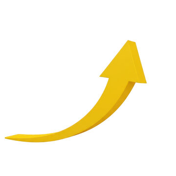 Shiny yellow 3d arrow pointing up for business growth isolated on transparent background