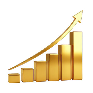 Golden bar chart with rising arrow showing growth isolated on transparent background