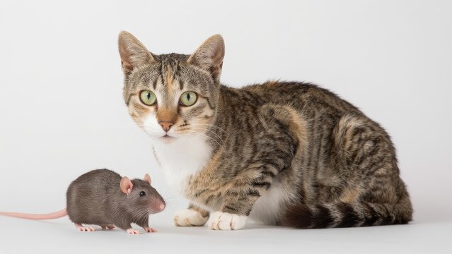 Cat and Rat Friendship in Studio Setting with White Background