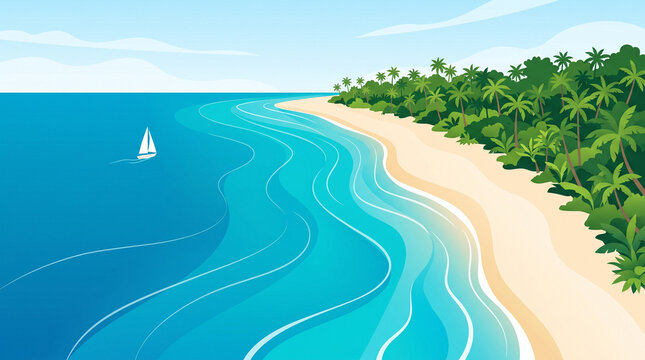 A serene tropical beach with turquoise water, a white sand shore, lush green palm trees, and a sailboat in the distance, under a clear blue sky