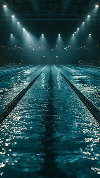 Swimming Pool Arena with Dramatic Lighting: An empty indoor swimming pool with lane lines illuminated by dramatic overhead spotlights, creating a sense of anticipation for a competition.