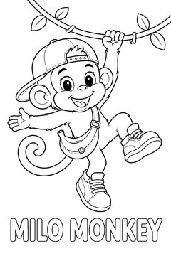 Milo Monkey Cute Cartoon Coloring Page, Modern Minimalist Black and White Animal Character Line Art for Kids