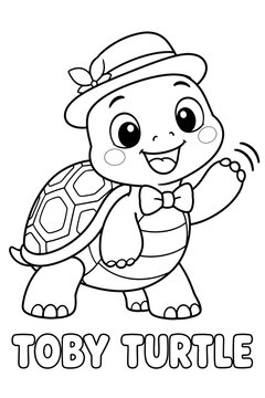 Toby Turtle Adorable Cartoon Character Coloring Sheet, Premium Clean Outline Animal Illustration for Children's Activity Books