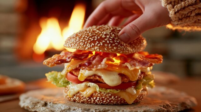 Hand completing a delicious bacon cheeseburger with melted cheese and fresh vegetables