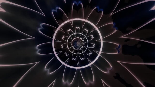 Graphics show a spiral pattern with sharp lines and curves. The design creates a sense of movement and depth. The dark background enhances the bright pattern