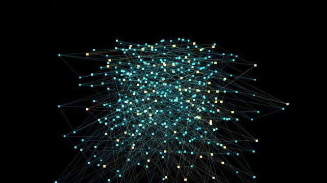 A network of data points connected by lines against a black background. The points vary in color, creating a dynamic and engaging scene. The setting highlights digital interactions and relationships