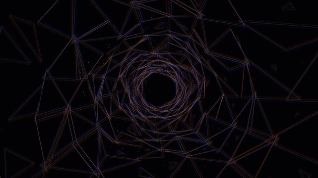 A digital tunnel created using various lines and geometric shapes. The background is dark, emphasizing the intricate patterns and their connection to a central point