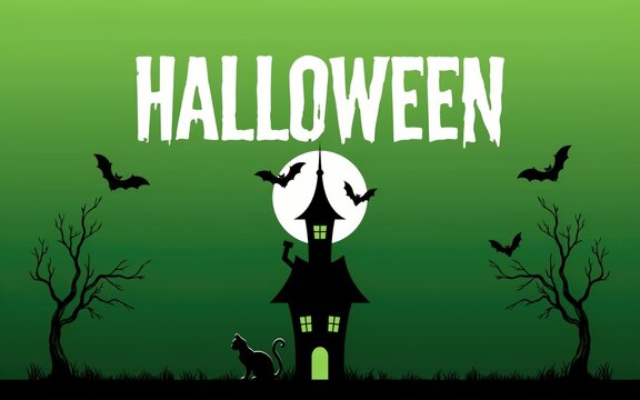 Spooky haunted house silhouette with a full moon and flying bats for a festive halloween background