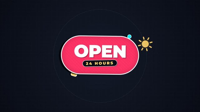 Animated Open 24 Hours Business Badge Featuring Sun and Moon Day Night Cycle
