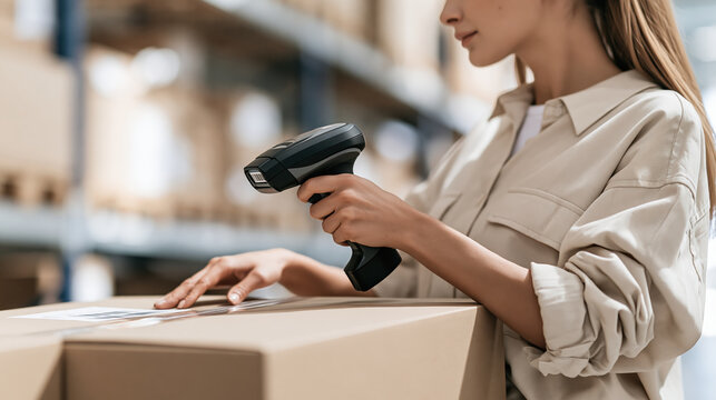 Warehouse technician scanning inventory with handheld barcode reader in warehouse storage aisle
