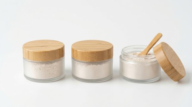 Three small glass cosmetic jars with natural bamboo lids and a wooden applicator isolated on a white background studio shot