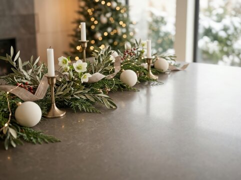Elegant holiday table centerpiece with candles, greenery, white baubles, and rustic decorations for festive ambiance