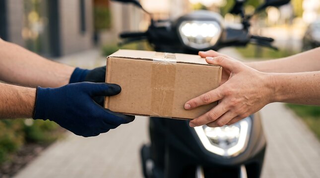 Close up of courier in gloves handing cardboard box package to customer near motorcycle, parcel delivery concept