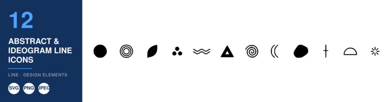 Icons: a Collection of Twelve Abstract and Ideogram Line Icons in Black on a White Background, Perfect for Modern Design Elements.