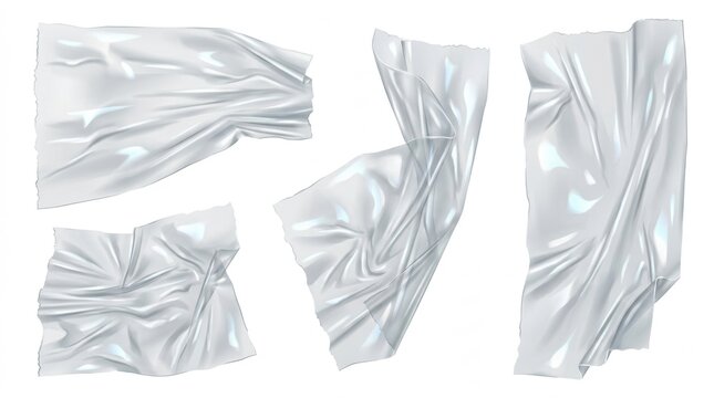 A collection of isolated crumpled transparent plastic wrap sheets with realistic folds and creases on a white background