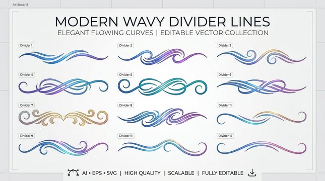 A collection of modern wavy divider lines featuring elegant artistic flourishes and decorative swirl patterns for professional graphic design projects