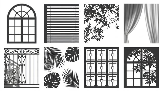 Set of black and white window frames with blinds curtains and tropical plant silhouettes for interior design graphic elements