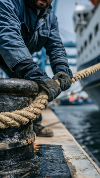Dock Worker Securing Ship: A rugged dock worker, wearing gloves, firmly grasps a thick rope as they secure a large vessel at a busy port.