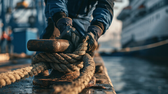 Dock Worker Securing a Ship: A close-up shot captures the gloved hands of a dock worker firmly securing a thick rope to a bollard, with a large ship visible in the background at the port.